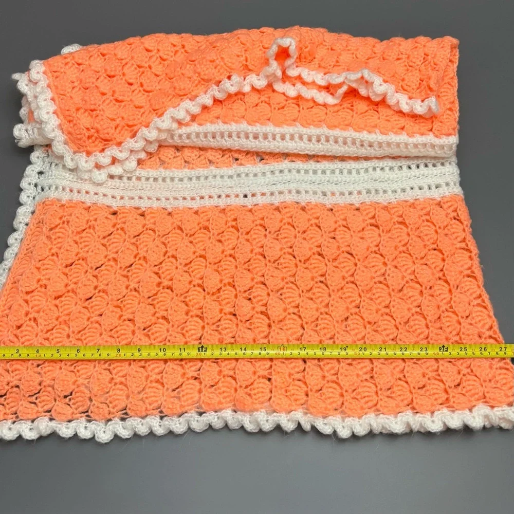 Handmade Crochet Baby Blanket Shell Stitch Coral Orange Newborn Gift VINTAGE 4’